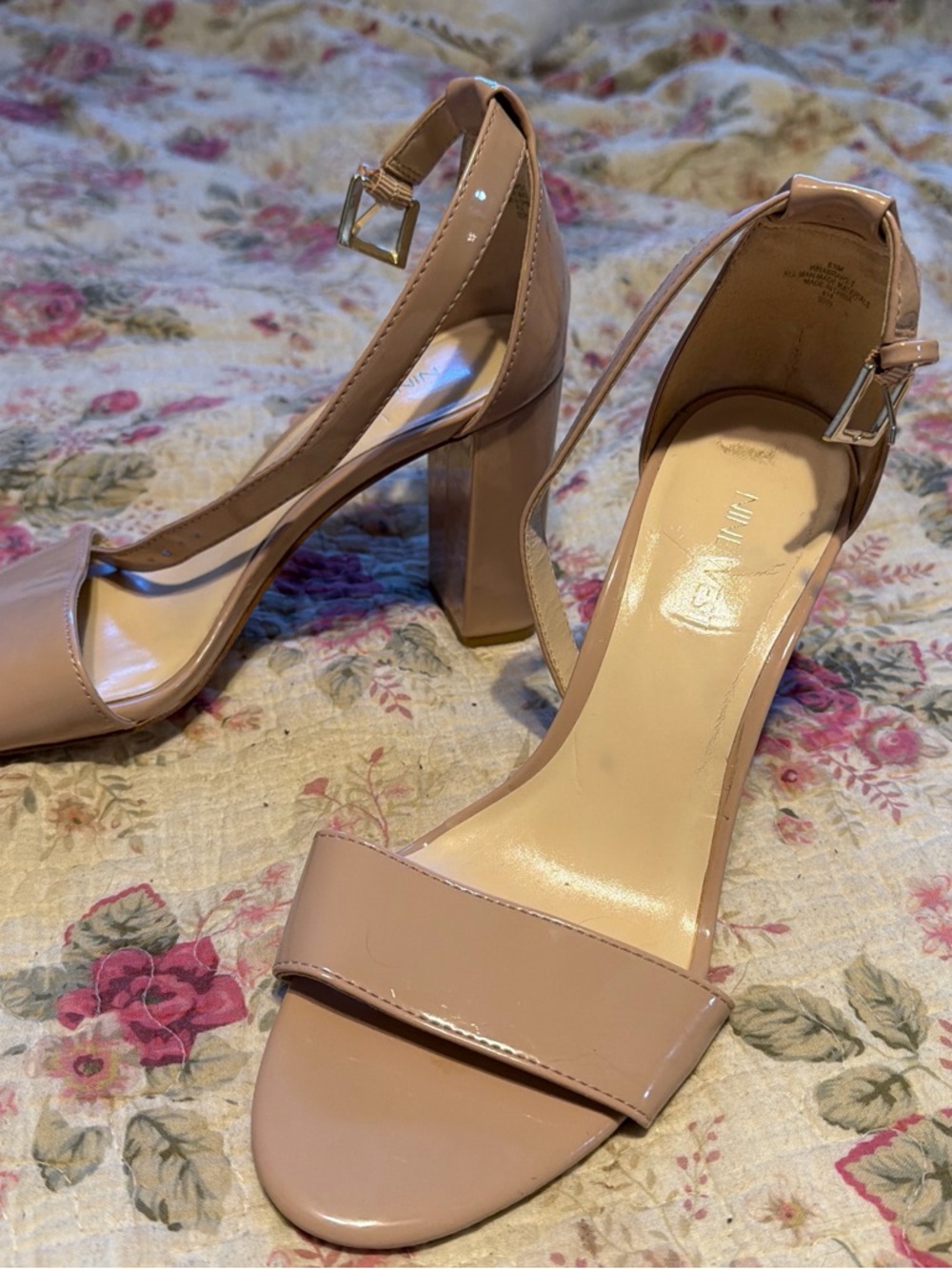 Nine West Nude Patent Block Heel Ankle-Strap Sandals